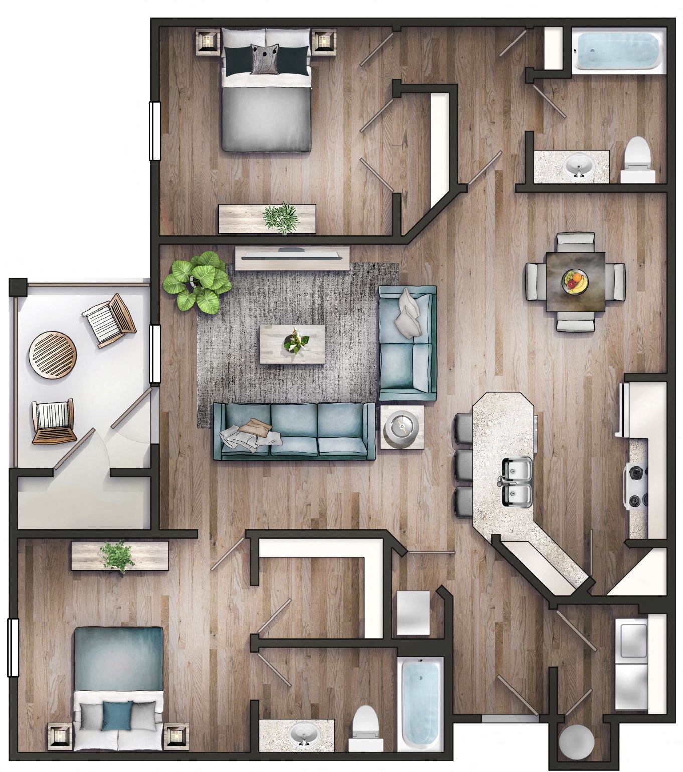 Floor plan for 2 beds, 2 baths, 1262 sqft